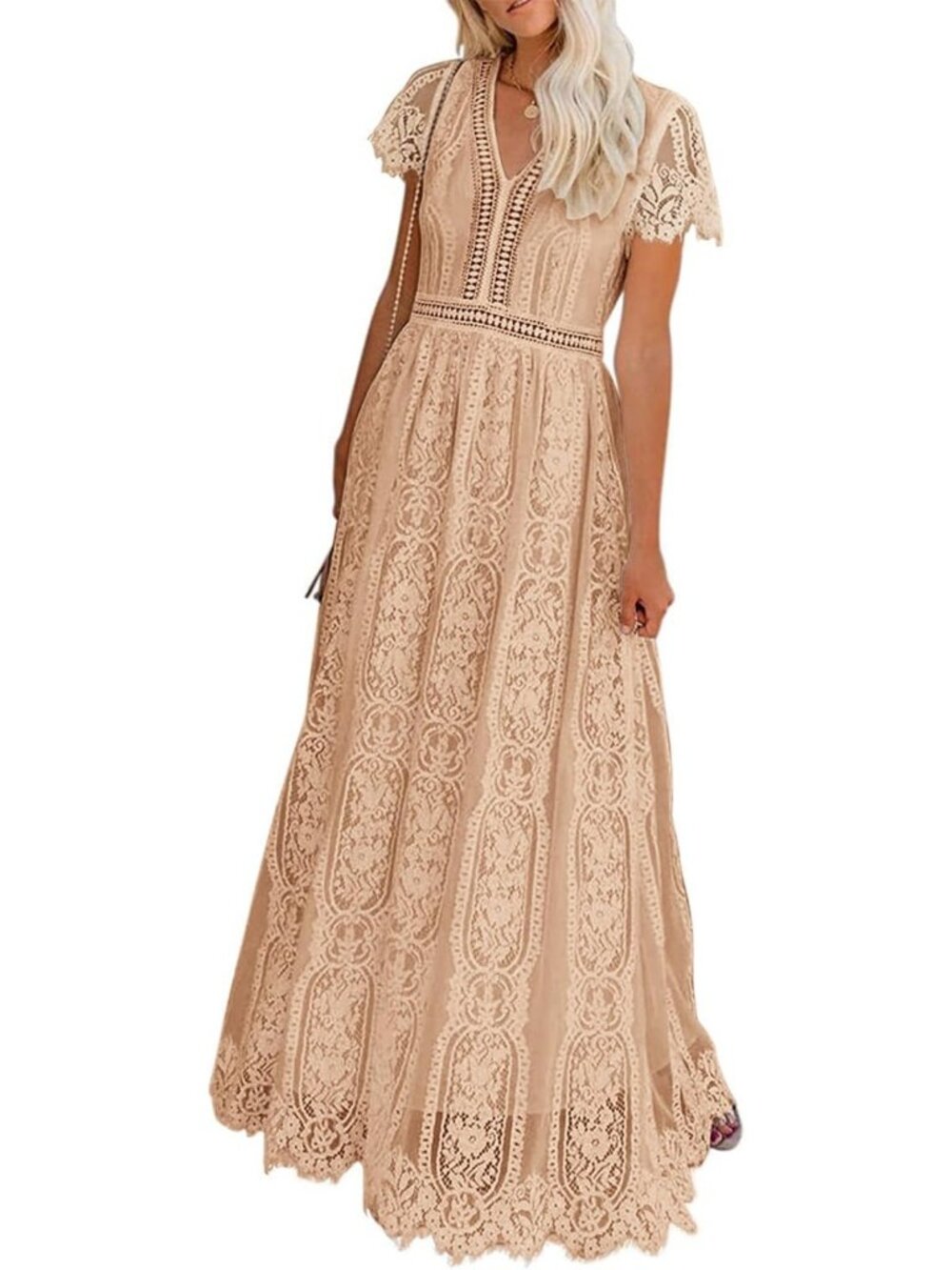 Elegant V-Neck Floral Lace Maxi Dress | Short Sleeve Boho Bridesmaid Gown